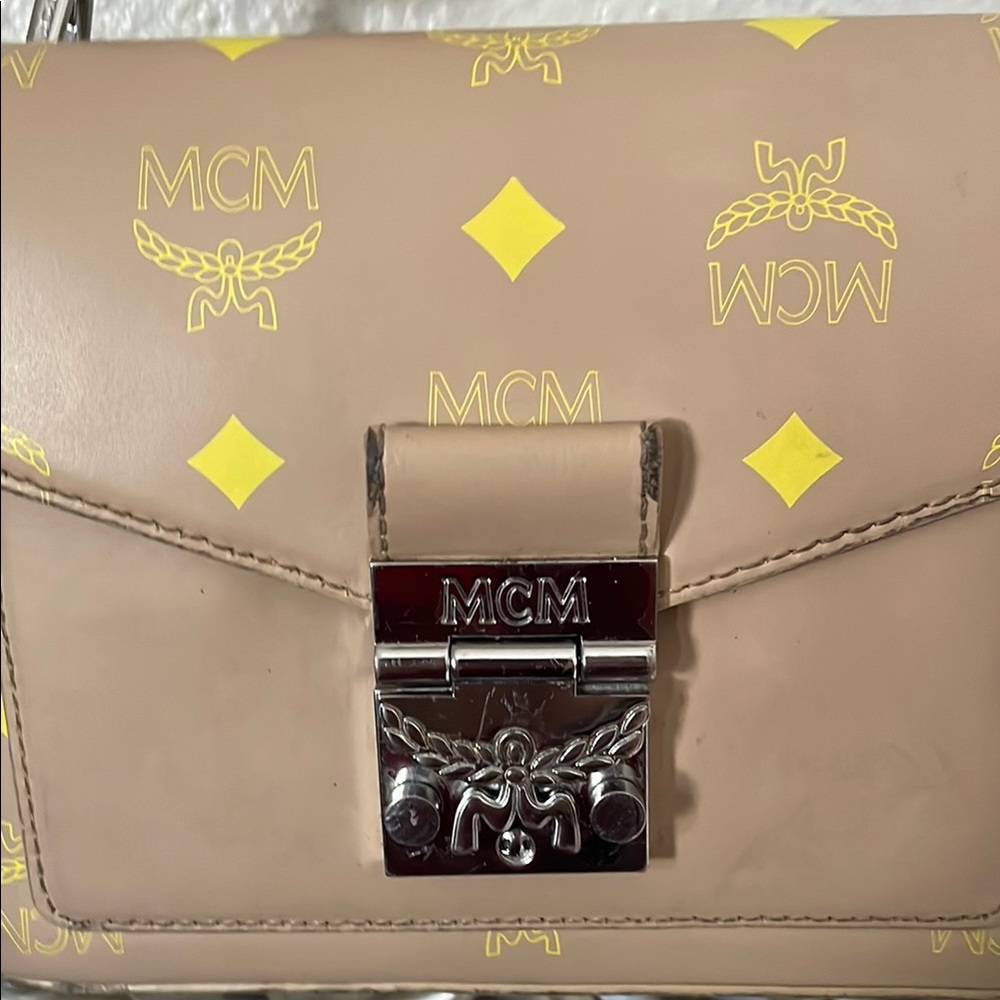 MCM Tan and Yellow Crossbody Bag with Monogram Design